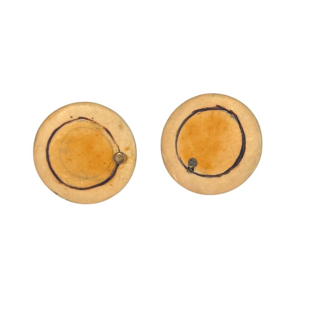 Vtg Wood Round Earrings MCM Modern Artisan Stud Disc Unique Mid Century Festival